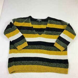 Express Womens Cozy Sweater Striped V-Neck Knit Stretch Pullover 3/4 Sleeve XS